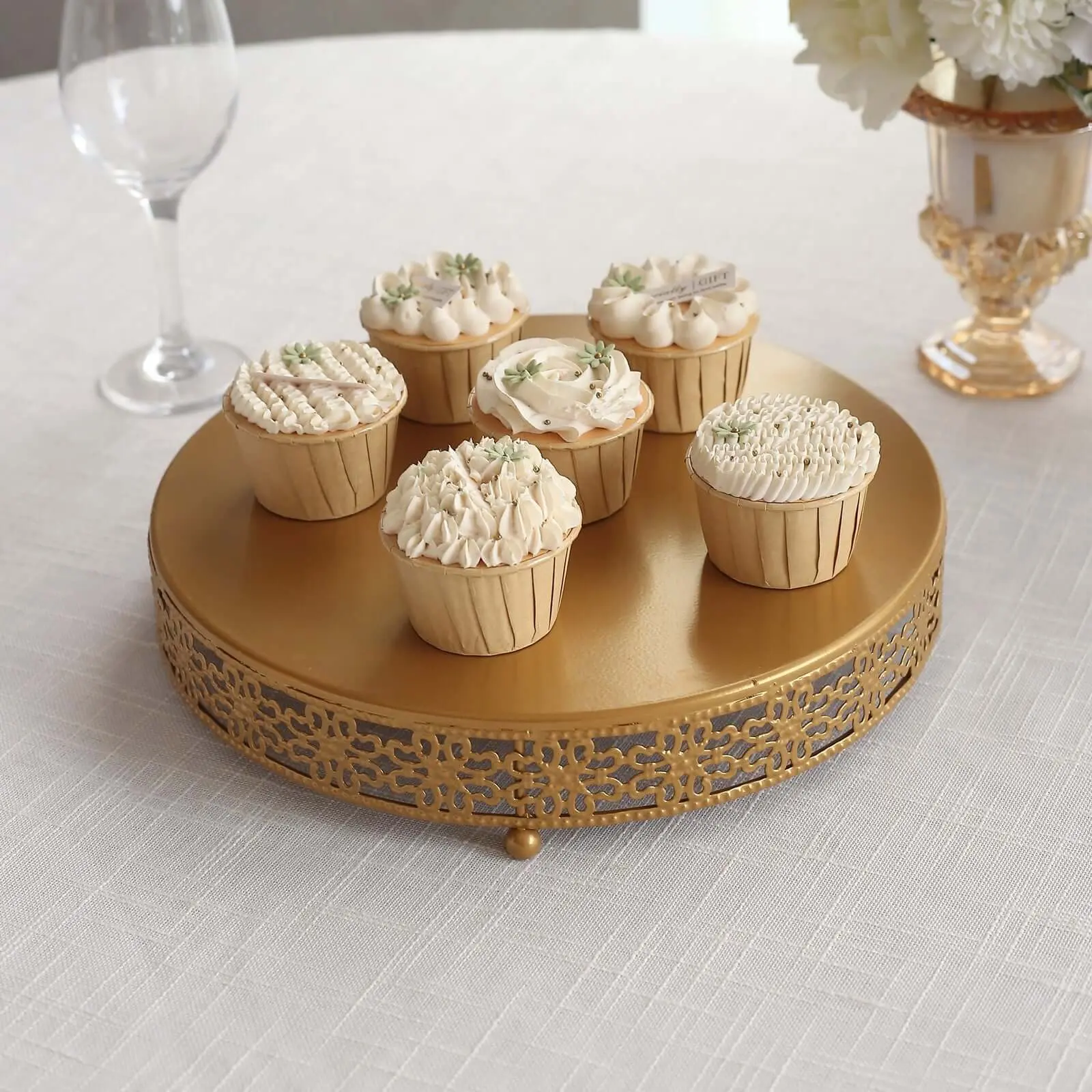 12" Gold Metal Pedestal Cake Stand - Round Fleur De Lis Design, Cupcake Holder, Holiday Wedding Baby Showers Table Centerpiece, Cake Decoration, Party Cake Stand