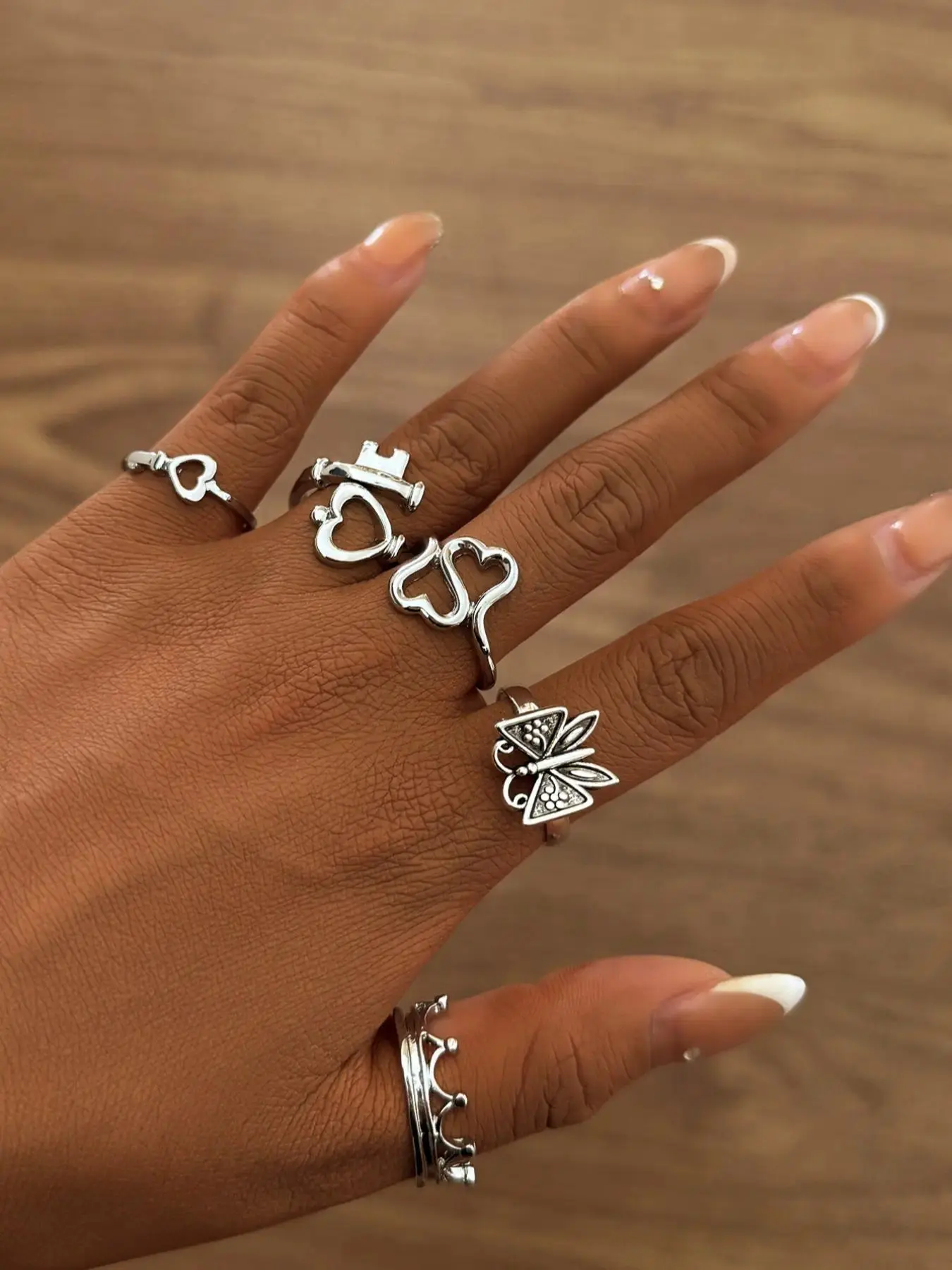 Mother's Day Gift Women's Fashion Jewelry Set, Heart Key Butterfly Design Rings, Dainty Stacking Rings, Stackable Rings, Adjustable Rings, Perfect Gift for Women &