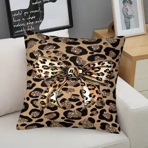 Leopard Print Bowknot Decorative Throw Pillow with Inner Cushion, 45cm Square, Zipper Closure, Fashionable Look, Classic Wild Leopard Print, Soft Comfort Decor Bedroom & Sofa, Stylish Decor Furnishings