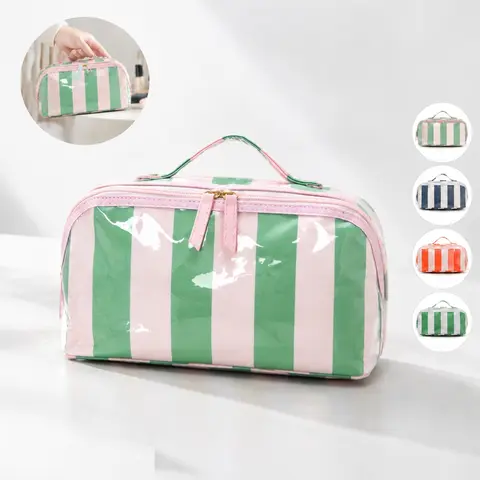 Preppy Vertical Stripes PVC Cosmetic Pouch - High-Shine Glossy Finish, Large Capacity Wide Mouth Waterproof Travel Ready Toiletry Organizer, Kit Pouch Make-Up Bag for Bridesmaids, Decorative Storage Solution, Ideal for Birthdays