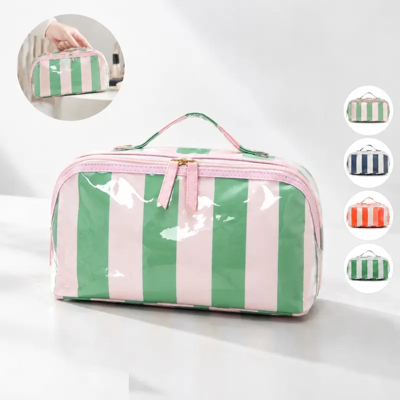 Preppy Vertical Stripes PVC Cosmetic Pouch - High-Shine Glossy Finish, Large Capacity Wide Mouth Waterproof Travel Ready Toiletry Organizer, Kit Pouch Make-Up Bag for Bridesmaids, Decorative Storage Solution, Ideal for Birthdays