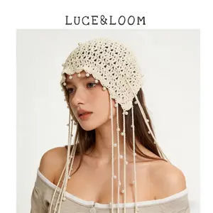 【LUCE&LOOM】2026 New Female Boho Crochet Beanie, Handmade Polyester Knit Bucket Hat with Pearl Tassels, Elegant Hollow-Out Fisherman Cap for Spring & Summer