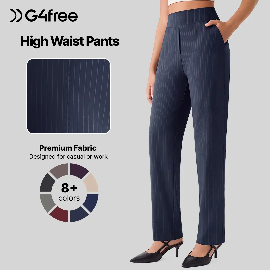 G4Free Women's High-Rise Straight-Leg Pants - Basic Office Work Clothes, Business Casual Trousers with Pockets, 28" Minimalist Comfortable Womenswear Bottoms,#sohochic