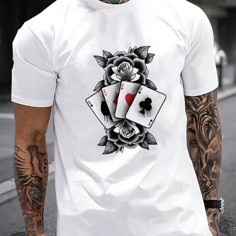 Men's Playing Card & Rose Print Round Neck Tee, Street Fashion Loose Short Sleeve T-shirt For Summer, Casual Menswear For Daily Wear, Casual Streetwear Looks, Casual Style Tee, Casual Summer Clothing