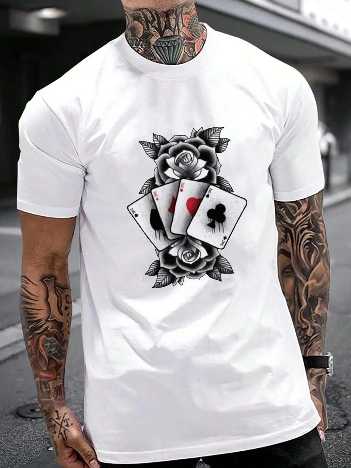 Men's Playing Card & Rose Print Round Neck Tee, Street Fashion Loose Short Sleeve T-shirt For Summer, Casual Menswear For Daily Wear