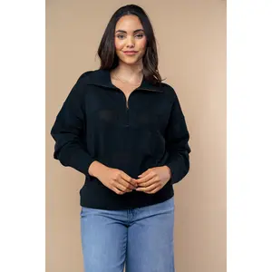 Long Sleeve Half Zip-Up Top with Mesh Detail - Black - Full