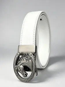 Fashionable trend alloy automatic buckle, "Horse Head" design personalized belt, 3.5cm/1.38in wide solid color ratcheting belt, adjustable length, suitable as Valentine's Day gift, Father's Day gift, or daily commuting belt.