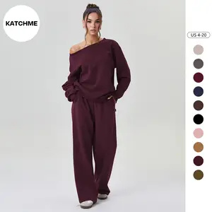 KatchMe Women's Leisure Solid Color Sloping Shoulder Long Sleeve Top & Wide Leg Trousers Co-ord, Cozy Scoop Neck Loose Two Piece Outfits, Basic Womenswear（CN）