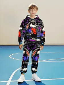 Boys' Cool Rabbit Graffiti Full Print Streetwear Set, Hooded Sweatshirt & Drawstring Pants Two-Piece, Casual Cartoon Daily Wear