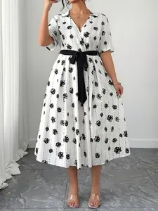 Plus Size Floral Print Shirt Dress, Turn-Down Collar V Neck Tie Waist a Line Midi Dress, Women's Fashionable Casual 8622