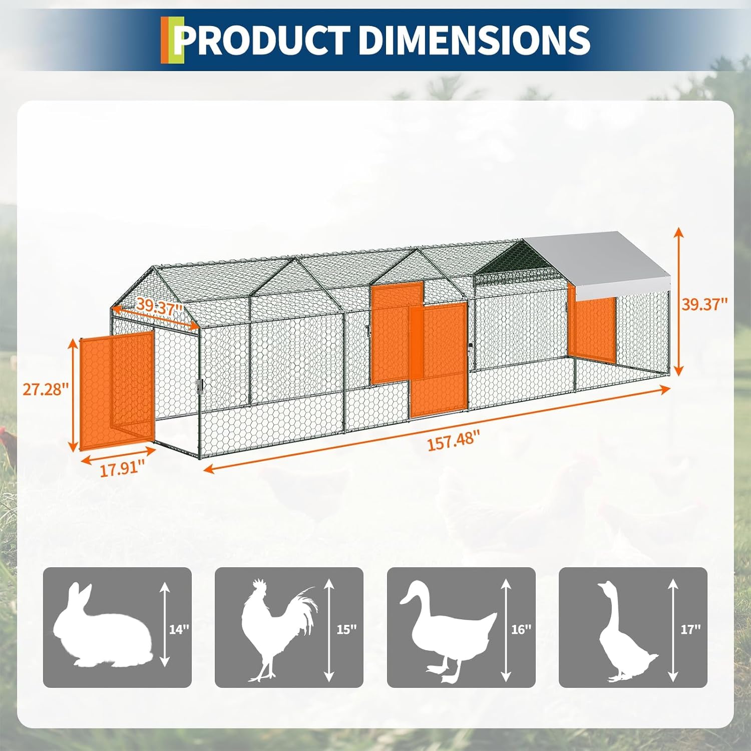 Large Metal Chicken Coop, Walk-in Chicken Run with Waterproof and Anti-UV Cover, Outdoor Poultry Cage with 3 Doors for Hen Rabbit Duck Goose