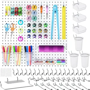 70 count Metal Peg Board Kit with 1/4" Pegboard Accessories, 4 Pack White Pegboard Panels, Bins, Cups and Peg Board Hooks, Paper Towel Holder, Pegboard Wall Organizer for Craft Room, Office, Sewing
