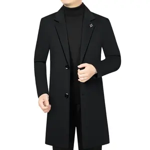 Autumn Winter Men's Trench Coat Long Over Knee Cotton Padded Thick Slim Woolen Gabardine Dress Coat Lapel Long Jacket Warm Outerwear Menswear Tops Beige Plain Casual