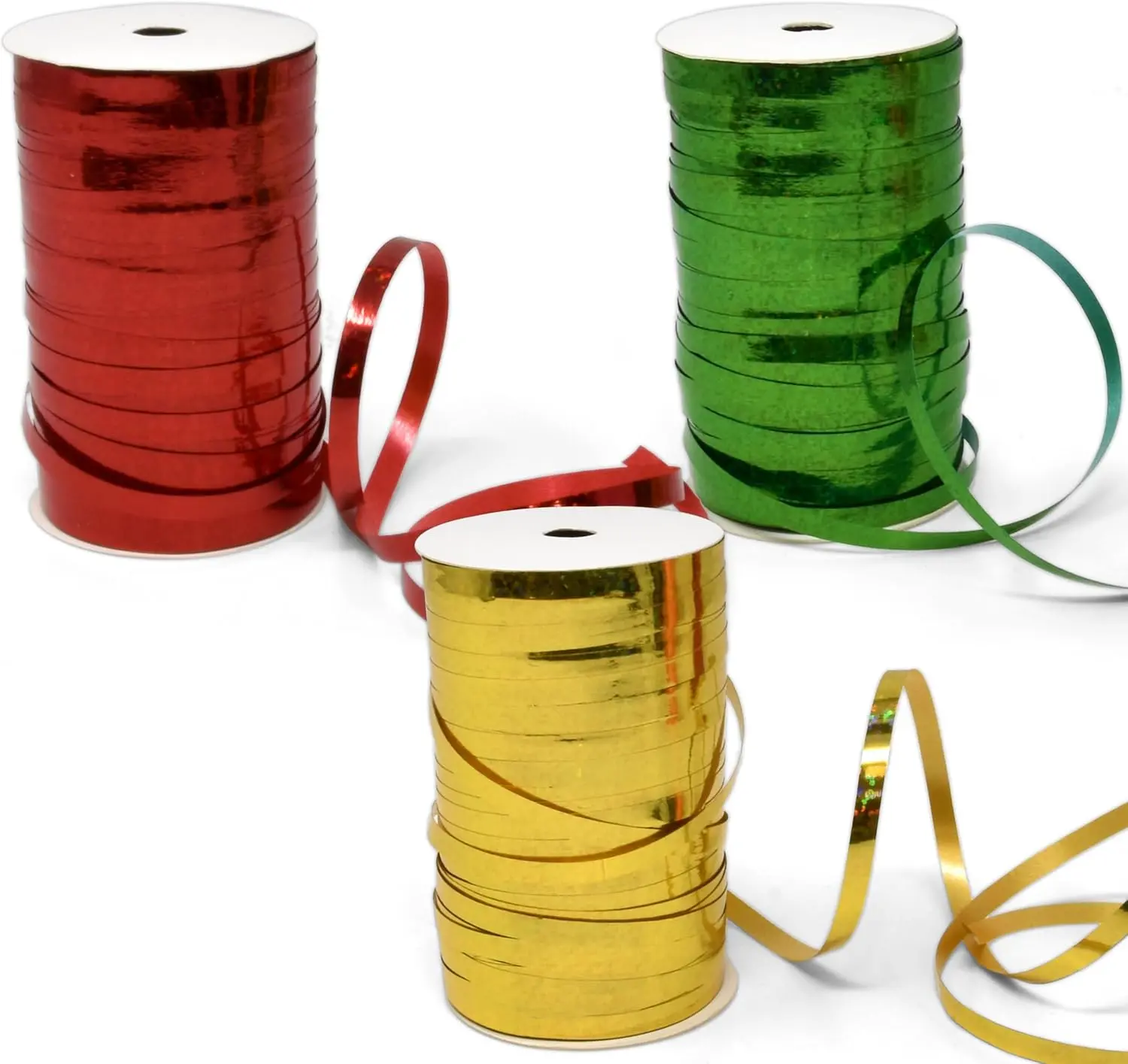 Gift Boutique - Christmas Holographic Curling Ribbon Pack of 3 Spool Rolls 150 Yard Per Roll Metallic Shiny Red Green Gold Curly Balloon String Crimped Ribbons Gift Wrapping Florist Party Decor