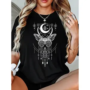 Women's Bohemian Celestial Butterfly & Dreamcatcher Print T-Shirt | 100% Cotton Crew Neck Short Sleeve Black Tee