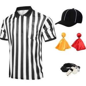 5 Pcs Men's Referee Costume Kit Official Referee Shirt Womens Ref Hat Whistle Yellow Red Penaltys Flag for Football Halloween