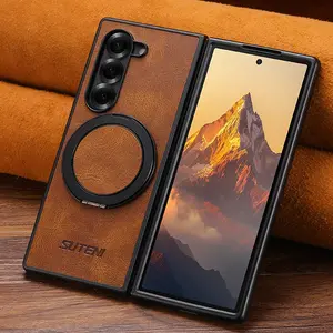 SUTENI Magnet Wireless Charging Phone Case Oil Wax Faux Leather 360° Rotating Stand Buckle Protection For Samsung Galaxy Z Fold 7 6 5 For Unisex Relatives Friends And Elders Holiday Gift