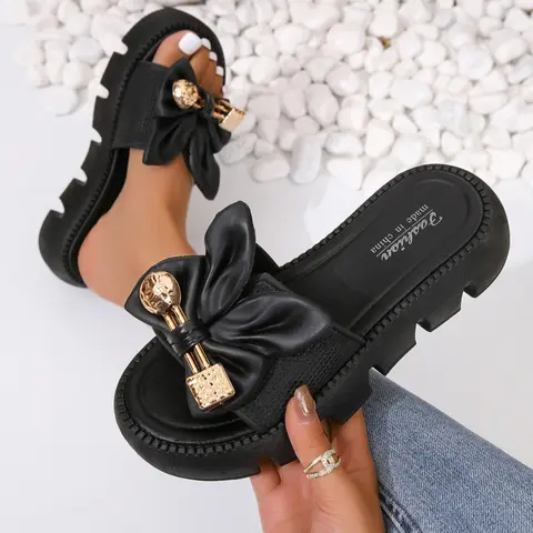 Cute Rabbit Ears Butterfly Knot Beach Non Slip Slippers, Thick Bottom Slippers, Thick Sole Sandals for Women, Fashionable Black Summer Footwear, Slipper Shoes, Unique Design