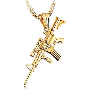 Hip Pop Stainless Gun Necklace AK47 Military Style Punk Cool Pendant Rifle Jewelry for Men Women