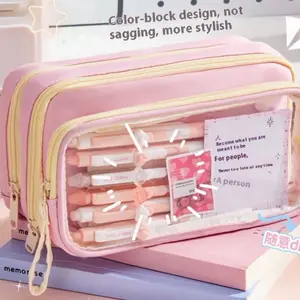 3-layer Large Capacity Pencil Case Multifunctional Zipper Pens Cases in Pastel Colors Resilient Fabric Wide Opening Transparent Window Ideal for Students and Professionals
