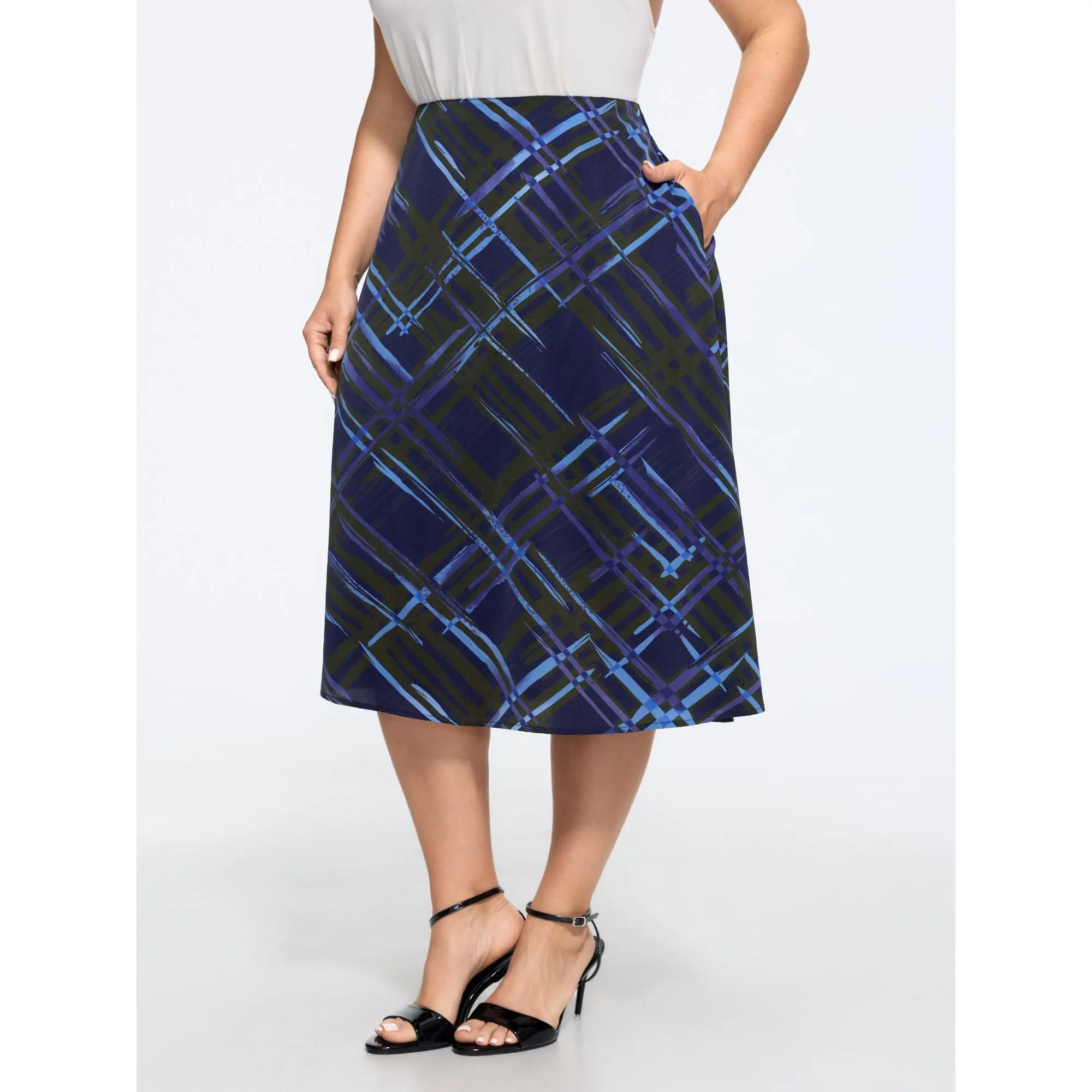 BLOOMCHIC Plus Size Brush Print Plaid Pocket Midi Skirt[M-6X] Back To School,Fall Pick