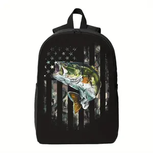 American Flag Camo & Leaping Fish Print CR Backpack - Durable Student School Bag with Zipper Closure, Sporty Design for Outdoor Activities, Ideal Gift for Students, School Backpack, Daily Carry