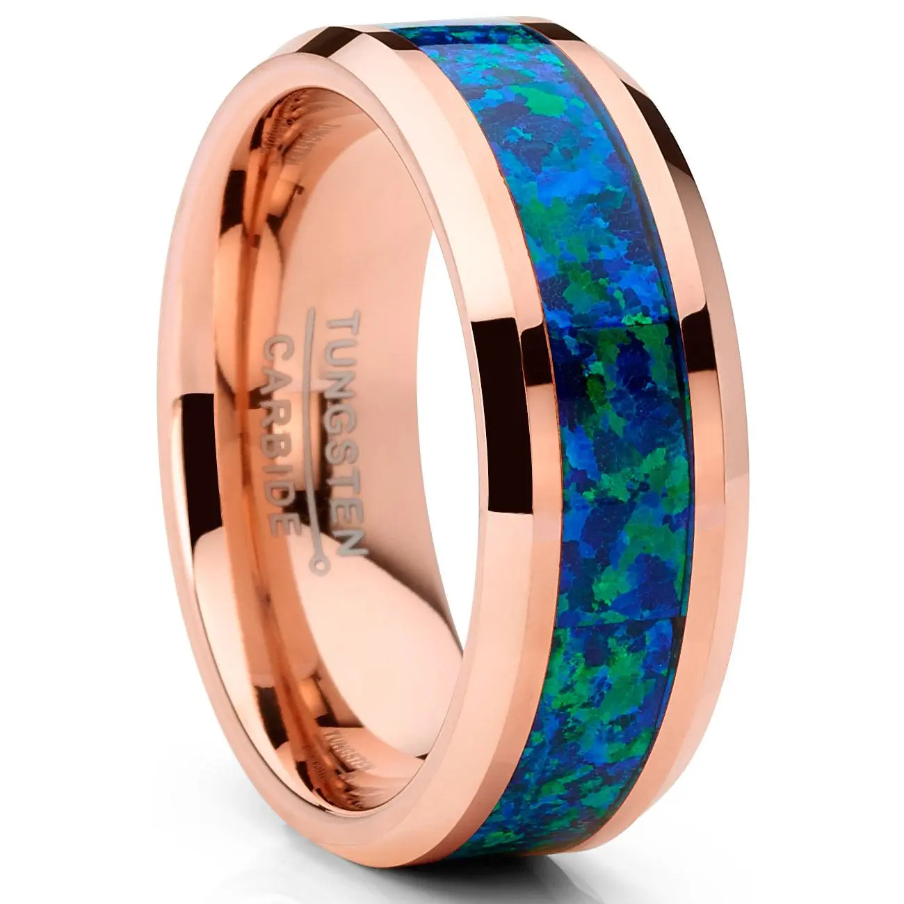 Men's Hypoallergenic Rosegold-Tone Tungsten Carbide Wedding Band, 8MM Comfort-Fit with Blue Green Crushed Opal Inlay, Exquisite Trendy Male Engagement Ring for Adults