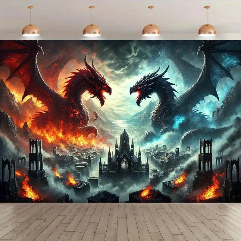 1 Piece Battle of Ice and Fire Tapestry - Dramatic Dragon Art Wall Decor for Bedroom Living Room - Polyester Fabric