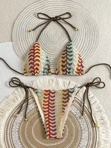 Meghana Women's Summer Holiday Beach Halter Allover Print Bikini Set