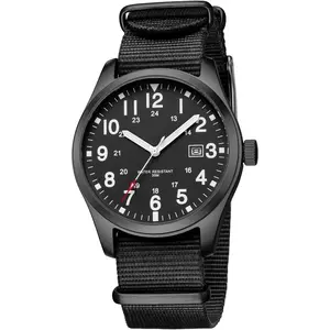 BYW49  Men's Nylon Slip-Thru Strap Watch with Military Time Easy Read Dial Glowing Hands