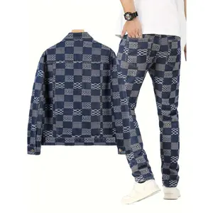 Men's Casual Jacquard Outfit - Trendy Lapel Long Sleeve Jacket and Slim Fit Pants
