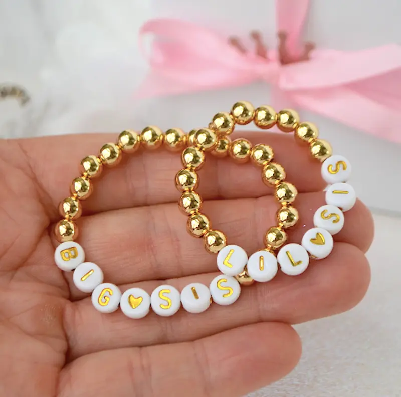 Two 18K Gold Personalized Big Sister & Little Sister Bracelets – Custom Name Bracelet Set for Girls -Baby Shower & Birthday Gift