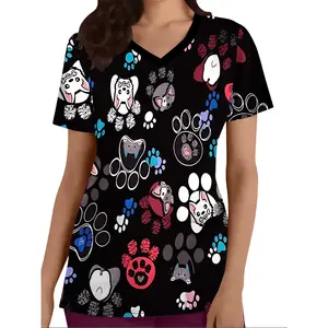 The Women'S V-Neck Nurse Top Features a Cat Paw Print Design That Is Both Comfortable And Stylish, Suitable for Hospitals And Dental Clinics.It Is Multifunctional with Pockets And Has Colorful 3D Prints, Making It Ideal for Healthcare Professionals.