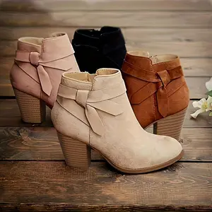 Women's Chunky Heel Ankle Boots with Side Zipper, Solid Color Heels Booties Women Girl Comfortable