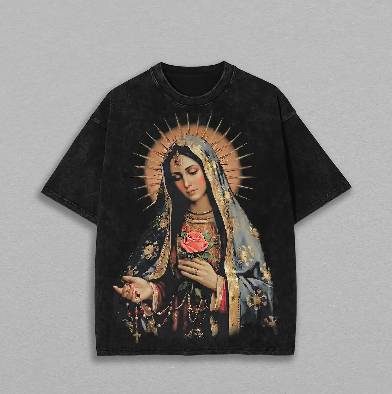 Men's Vintage Distressed Look Virgen María Graphic Short-Sleeve Crew Neck T-Shirt, Multi-Size Religious Top, Back to School/Father's Day Menswear Gift, All Seasons Casual Tee