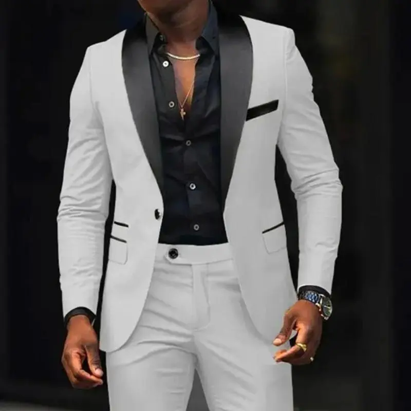 Casual 2 Piece Men Wedding Suits Solid Slim Fit Shawl Lapel Blazer Pant Designs Party Prom Suits Man Business Wear Suit Menswear Formal Slim Fit Two-Piece Men's Tuxedo Suit Long Sleeve Workwear business casual outfits Wetsuit Grey 22_Gray linen suit