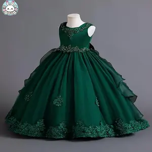 ABC-Elegant Green Princess Tulle Dress for Girls - Sleeveless, Ruffled Ball Gown with Floral Embroidery, Perfect for Weddings, Pageants, and Special Occasions, Princess Dress for Girls