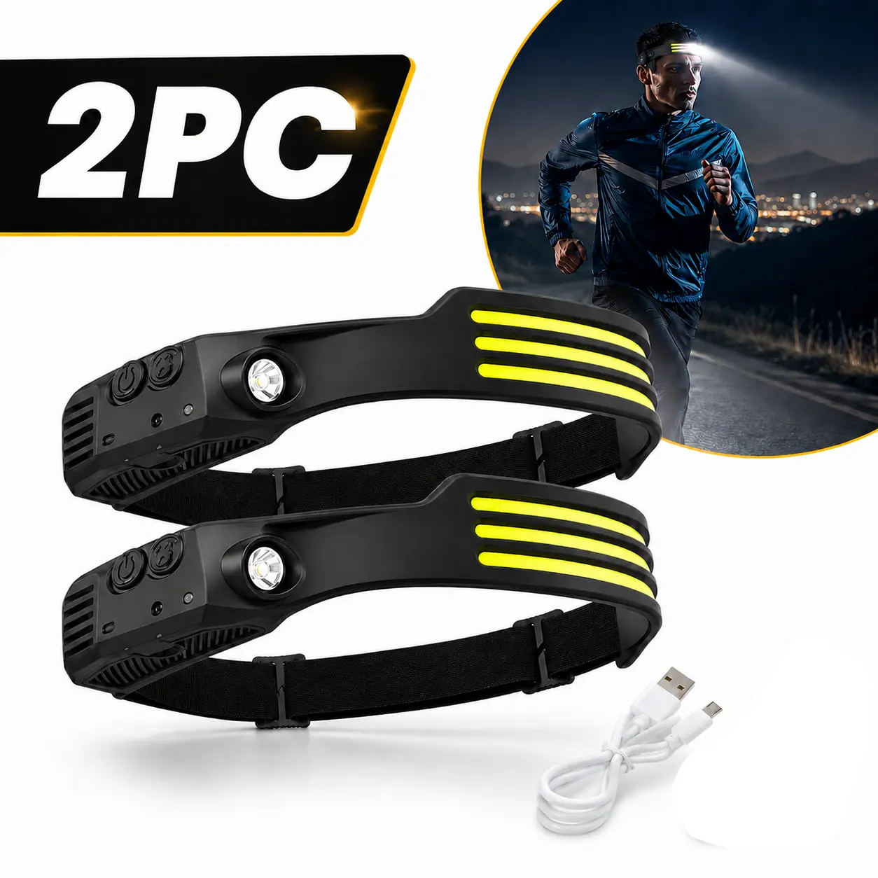 2 Pack Rechargeable Headlamp, 350 Lumens Ultra Bright LED Head Light with Motion Sensor & 230° Wide Beam for Outdoor Activities