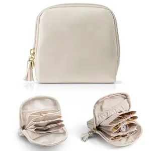 Small Travel Jewelry Case Velvet Pouch Bags with Zipper for Bracelets Rings Earrings Cream White Compact Organizer