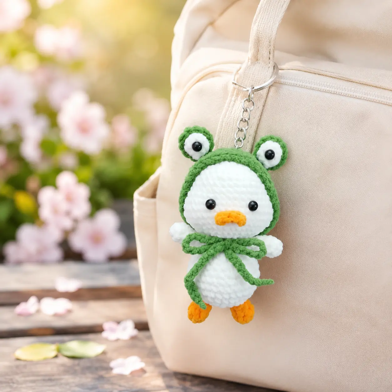 Cute Handmade Crochet Duck Bag Charm – Frog Hood Keychain for Backpack, Purse, Car Keys & Gifts