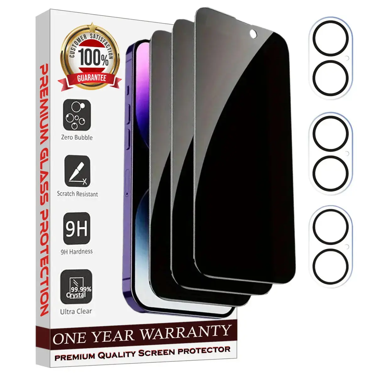 Entronix 6-Pack for iPhone 16 Plus, 3 Anti-Spy Privacy Tempered Glass Screen Protectors & 3 Camera Lens Protectors Protection Cover