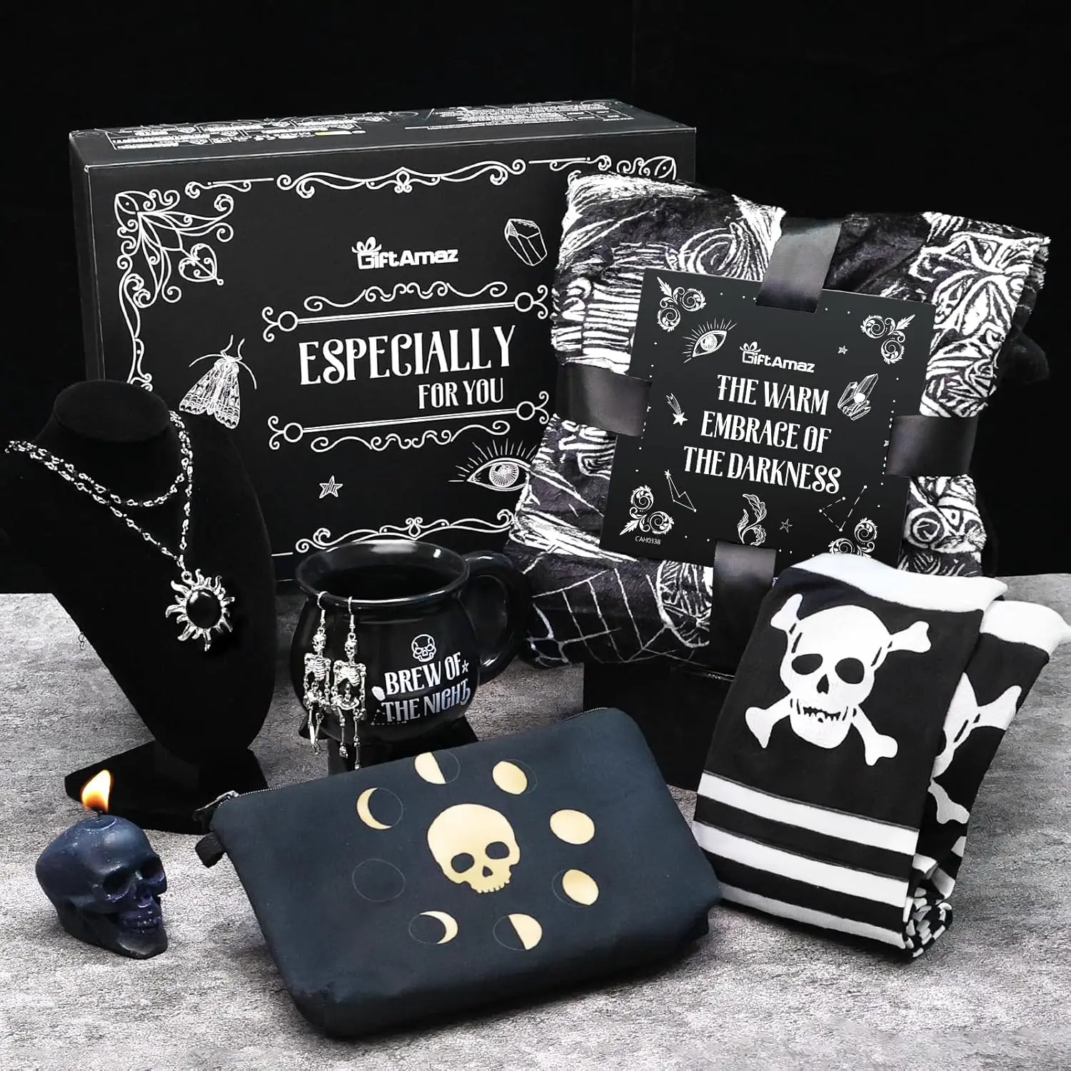 Gothic Gifts for Women, Witchy Gifts, Goth Horror Themed Gift, Spooky Gifts Basket with Gothic Coffee Mug, Spooky Blanket, Ghost Skull Graduation Gifts Basket for Her Women Teens Girl Friend