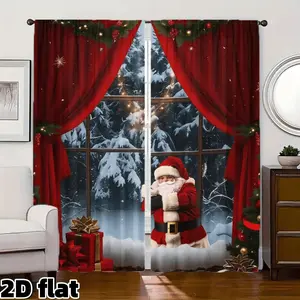 2D Flat 2Pcs Christmas Holiday Red Curtains Snowy Winter Scene Window Panel with Pine Garland Decorative Rod Pocket Semi Sunshade Panels for Living Room Bedroom Holiday Window Treatment Privacy Protection