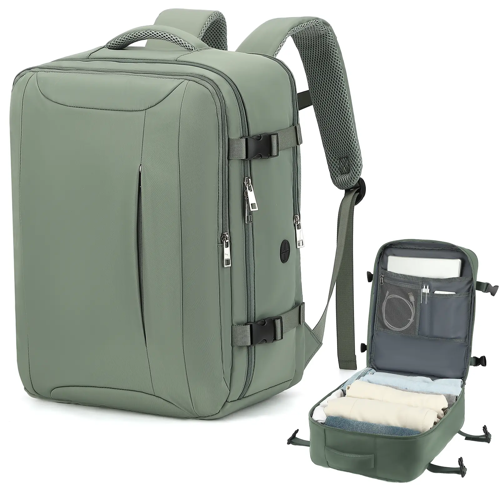 Lossga Green 25L Airline Approved Personal Item Backpack - Adjustable, 17.7x7.1x13.8 Inches, Waterproof, Lightweight, 15.6" Laptop Compartment, Hand Wash Only, Business Carry On for Short Trips, Fits Under Airline Seat