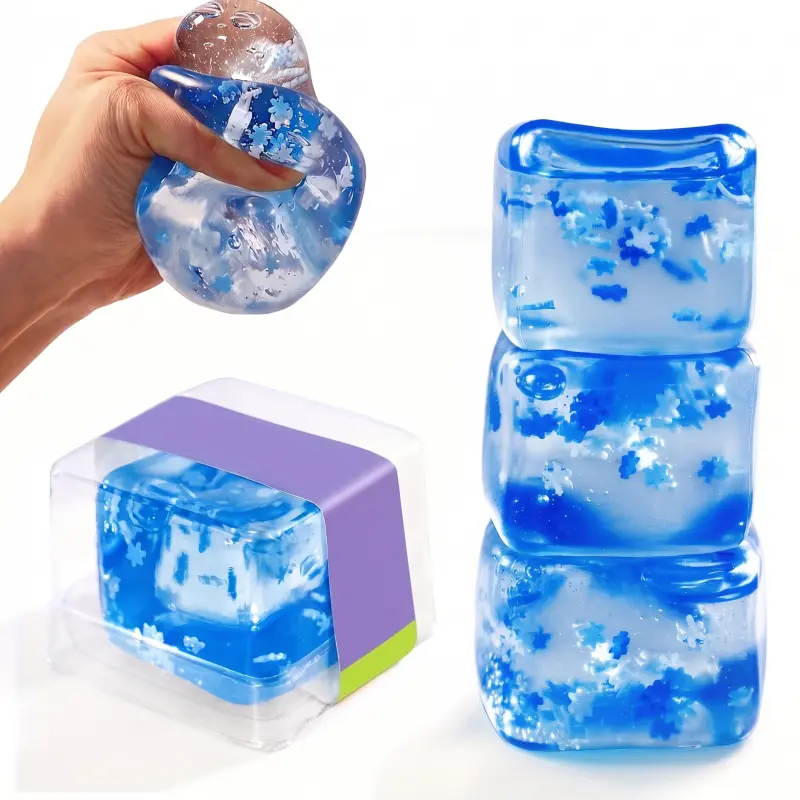 Glitter Ice Cube Squishy Toy Clear Snowflake Gel Stress Cube Fidget Toys for Kids Adults Anxiety Relief Sensory Desk Toy Party Favors