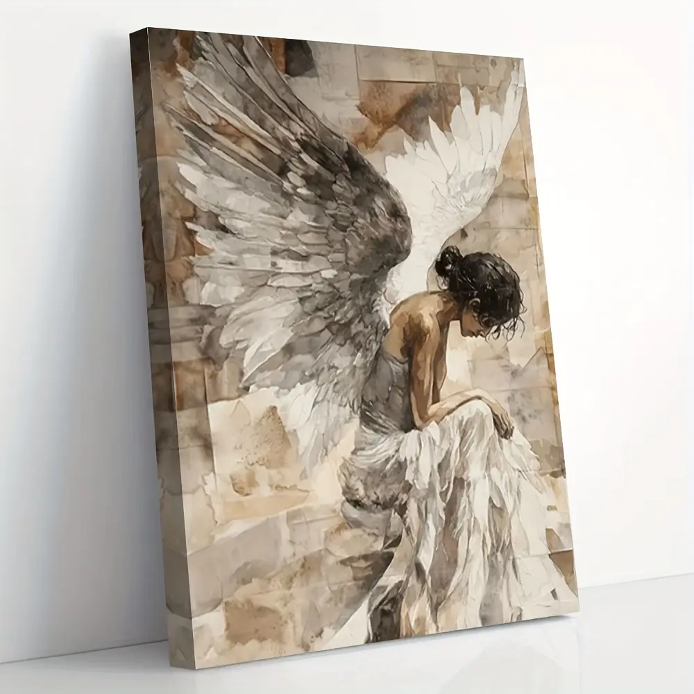 1PC 2D Flat Wood-Framed Canvas Wall Art Print - Vintage Gothic Fallen Angel Girl Watercolor Artwork, Waterproof Dark Fantasy Aesthetic Home Decor for Bedroom, Kid Room, Classroom, Ideal Gift