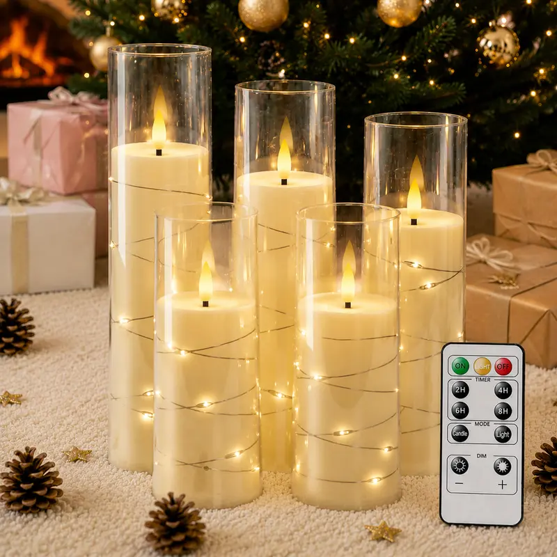 5 Pcs Plastic Flameless LED Candles - 0-5W Embedded Star String, Battery-Operated Acrylic Pillars, Timer Control, Remote, Indoor Decorative Lights for Romantic Mood Lighting, Home Decor, Halloween Decor 2026