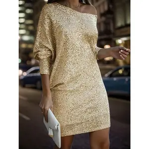 Tight-fitting V-neck long-sleeve sequin dress, medium elasticity polyester fabric, sexy party outfit, suitable for women all year round, non-see-through knitted fabric design, gorgeous summer women's wear，clothes women，womens dresses
