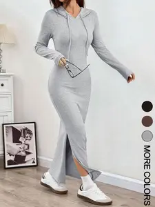 Long Hooded Dress with Slit, Long Sleeve, Slim-Fitting Stretchy Fabric, Casual Sporty Style, Basic, Everyday, Perfect for Daily Wear and Outings