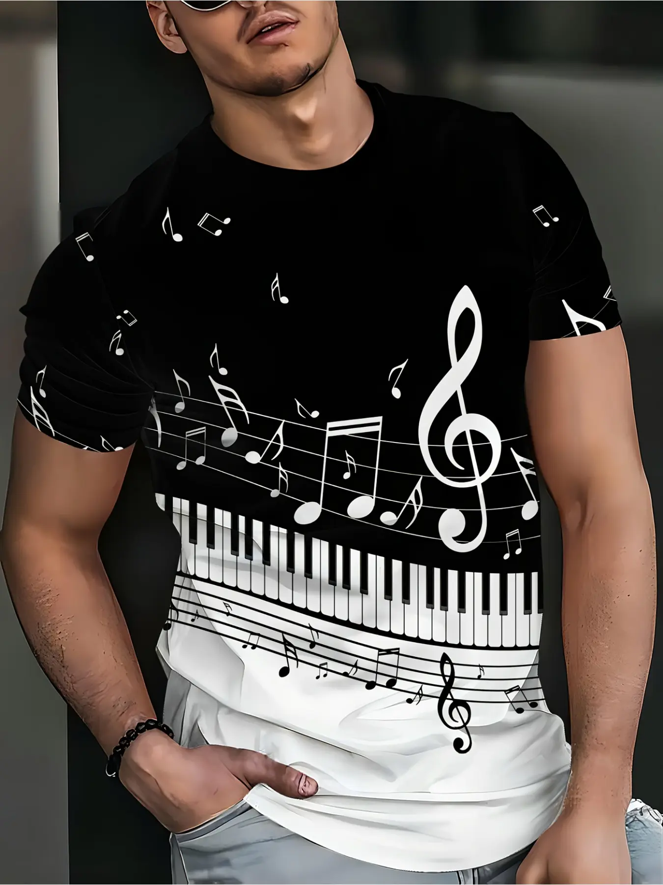 Men's 3D music note & piano key pattern T-shirt - Casual Basic Fashion short-sleeved crew neck top, Round Neck, black and white music print, all-season comfort, machine washable, digitally printed themed shirt, Casual Menswear